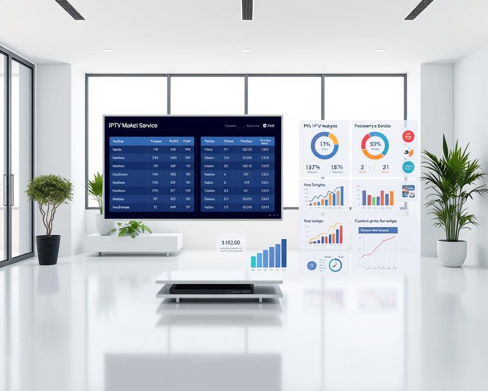 A vibrant and informative visual representation of the IPTV market in France. Set in a modern, minimalist office space, the scene depicts a comparative analysis of various IPTV service providers. In the foreground, a sleek, floating display showcases detailed side-by-side comparisons of features, pricing, and customer satisfaction ratings. The middle ground features stylized icons and graphs highlighting key industry trends and market share. The background is a clean, well-lit environment with large windows, suggesting a professional, data-driven approach to IPTV selection. The overall atmosphere conveys a sense of informed decision-making, empowering consumers to make the best choice for their IPTV needs in France.