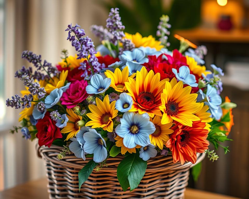 A vibrant, high-definition bouquet of freshly cut French flowers, meticulously arranged in a rustic, woven basket. The blooms include a variety of delicate hues - lavender, cornflower blue, sunny yellow, and rich crimson - creating a captivating visual symphony. The arrangement is set against a blurred, softly-lit background, evoking a serene, Parisian ambiance. Warm, natural lighting casts a gentle glow, highlighting the texture and depth of the floral elements. The composition is balanced and visually striking, perfectly capturing the essence of French television programming and the joy of curating a personalized IPTV experience.