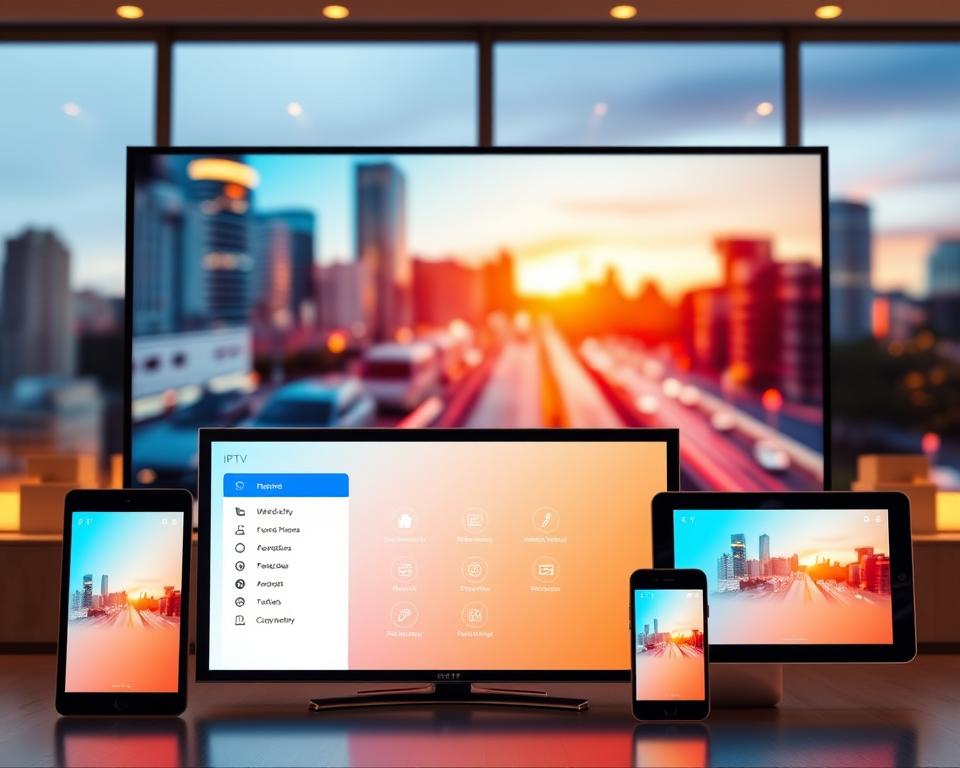 A vibrant multi-screen IPTV interface, showcasing a seamless user experience across various devices. The foreground features a sleek, modern television surrounded by smaller tablet and smartphone screens, all displaying the same content synchronously. The middle ground depicts a minimalist, intuitive on-screen menu system with clear icons and navigation options. In the background, a blurred cityscape suggests the versatility of the IPTV system, allowing users to enjoy content at home or on the go. The lighting is warm and inviting, creating a sense of technological sophistication and user-centric design. The overall composition conveys the advanced, multi-screen functionalities of the IPTV service, catering to the diverse viewing habits of modern consumers. A vibrant multi-screen IPTV interface, showcasing a seamless user experience across various devices. The foreground features a sleek, modern television surrounded by smaller tablet and smartphone screens, all displaying the same content synchronously. The middle ground depicts a minimalist, intuitive on-screen menu system with clear icons and navigation options. In the background, a blurred cityscape suggests the versatility of the IPTV system, allowing users to enjoy content at home or on the go. The lighting is warm and inviting, creating a sense of technological sophistication and user-centric design. The overall composition conveys the advanced, multi-screen functionalities of the IPTV service, catering to the diverse viewing habits of modern consumers.