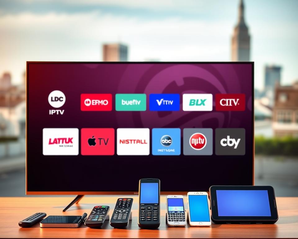 A visually striking and informative image showcasing the different types of IPTV subscriptions available in France. In the foreground, a sleek, modern television set displays various IPTV service icons, each with a distinct color and design, representing the diversity of options. In the middle ground, an array of remote controls, smartphones, and tablets illustrate the versatility of IPTV accessibility across devices. The background features a blurred, minimalist cityscape, suggesting the urban, connected nature of IPTV technology. The lighting is warm and inviting, creating a sense of professionalism and reliability. The composition is balanced, with the various elements working together to convey the comprehensive nature of IPTV subscription choices in France.