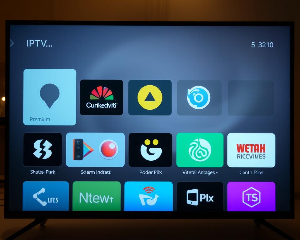 A well-designed, modern-looking interface showcasing a selection of popular IPTV application icons. The foreground features a clean grid layout with crisp, high-resolution app icons in a variety of styles and colors, hinting at the diverse range of IPTV options available. The middle ground includes subtle background textures or gradients that evoke a sense of digital sophistication. The background subtly hints at the French context, perhaps with muted Gallic design elements or a soft, warm lighting to create an inviting, premium atmosphere. The overall composition should convey a sense of organization, accessibility, and the premium quality of the IPTV services. A well-designed, modern-looking interface showcasing a selection of popular IPTV application icons. The foreground features a clean grid layout with crisp, high-resolution app icons in a variety of styles and colors, hinting at the diverse range of IPTV options available. The middle ground includes subtle background textures or gradients that evoke a sense of digital sophistication. The background subtly hints at the French context, perhaps with muted Gallic design elements or a soft, warm lighting to create an inviting, premium atmosphere. The overall composition should convey a sense of organization, accessibility, and the premium quality of the IPTV services.