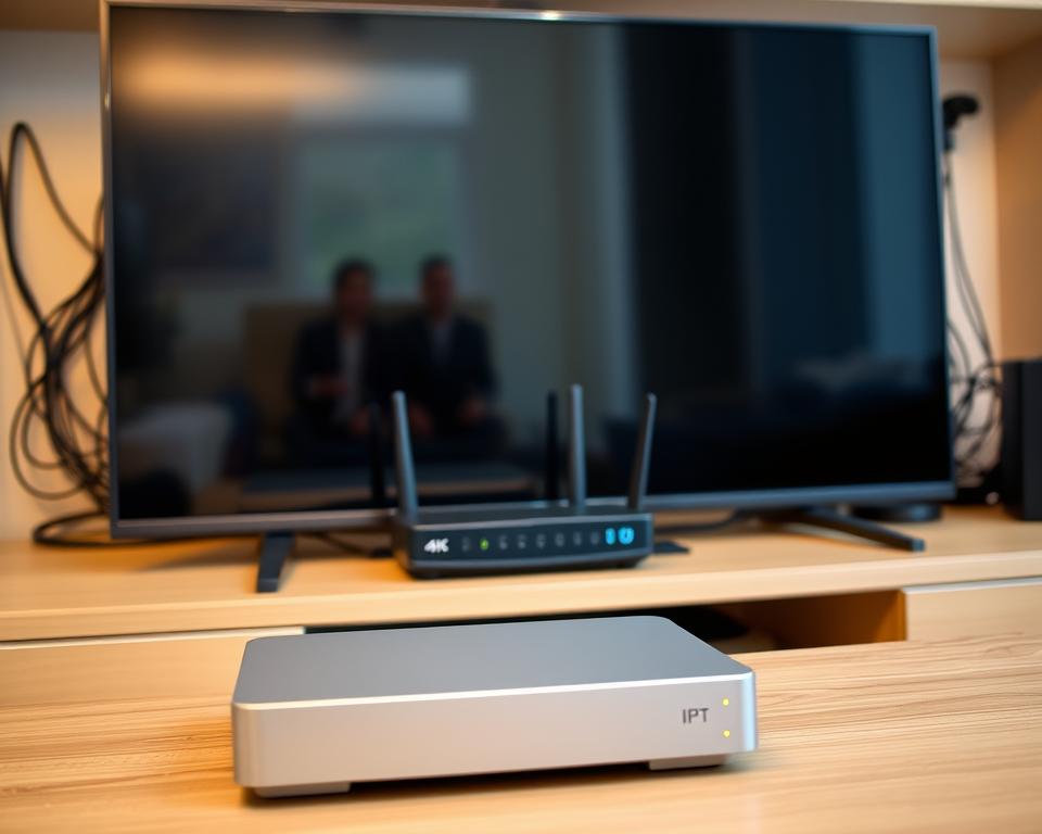 A well-equipped home entertainment center, featuring an IPTV setup. In the foreground, a modern 4K smart TV with a sleek, minimalist design sits atop a stylish media console. Beside it, a compact IPTV set-top box with a clean, understated appearance. The middle ground showcases a high-speed internet router, its LED indicators softly glowing. In the background, a neatly organized tangle of cables and connectors, hinting at the technical complexity behind the seamless IPTV experience. The lighting is soft and diffused, creating a warm, inviting atmosphere. The overall scene conveys a sense of efficiency, technology, and user-friendliness, perfectly suited for a guide on setting up IPTV in France.