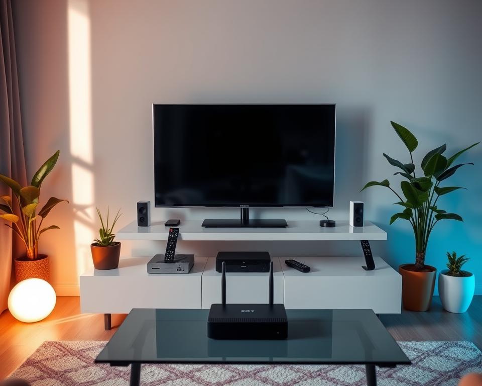 A well-lit, clean, and modern home entertainment setup showcasing the installation of an IPTV streaming service. The central focus is a sleek Smart TV surrounded by various devices like a streaming box, wireless router, and remote controls, all neatly arranged on a minimalist media console. The room has a warm, inviting ambiance with soft lighting and natural elements like potted plants to create a cozy, tech-savvy atmosphere. The overall composition emphasizes the simplicity and user-friendliness of setting up an IPTV system for seamless home entertainment.