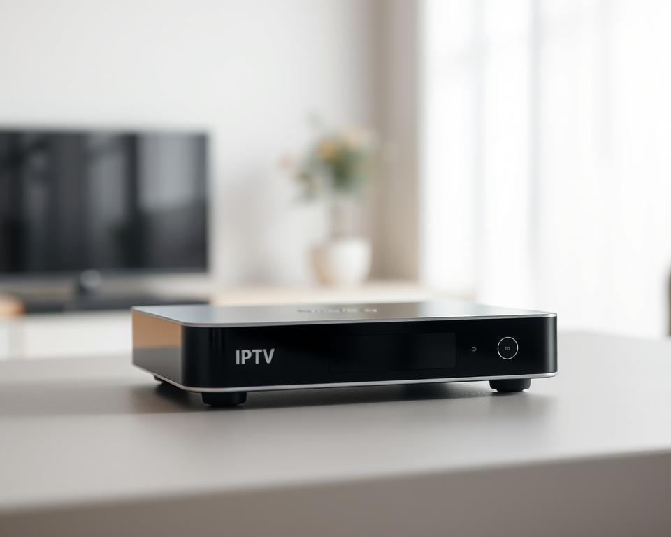 A well-lit, close-up shot of a sleek, modern IPTV set-top box or media streaming device, positioned on a minimalist desk or table. The device should have a clean, minimalist design, with a prominent IPTV logo or branding visible. The background should be a simple, uncluttered space, perhaps with a neutral-toned wall or window in the distance, conveying a sense of professionalism and sophistication. The lighting should be soft and natural, highlighting the device's form and features. The overall composition should suggest the idea of a high-quality, reliable IPTV service tailored to the user's needs.