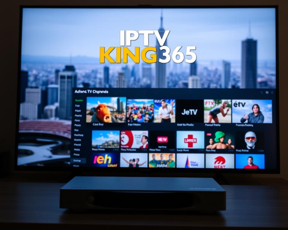 A well-lit, high-quality streaming interface showcasing the IPTV King365 logo and service. The foreground features a sleek, modern media player with advanced video and audio controls, emphasizing the crisp, vibrant image quality. The middle ground displays a selection of popular TV channels and on-demand content, neatly organized for easy navigation. The background depicts a subtle, blurred cityscape, conveying a sense of urban sophistication. The overall scene radiates a professional, premium atmosphere, highlighting the reliable and high-performance nature of the IPTV King365 service.