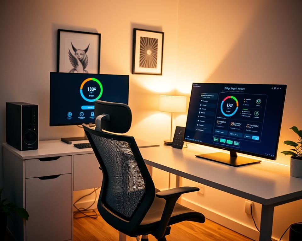 A well-lit home office setup with a sleek desktop computer, high-speed internet router, and a smart TV connected to an IPTV service. The desk is clutter-free, with a modern ergonomic chair and a large monitor displaying a speed test interface. The room has warm, directional lighting, creating a cozy atmosphere for optimal streaming and online media consumption. In the background, a minimalist wall art piece and a potted plant add a touch of style. The overall scene conveys a sense of productivity, efficiency, and technological sophistication tailored for an IPTV setup.