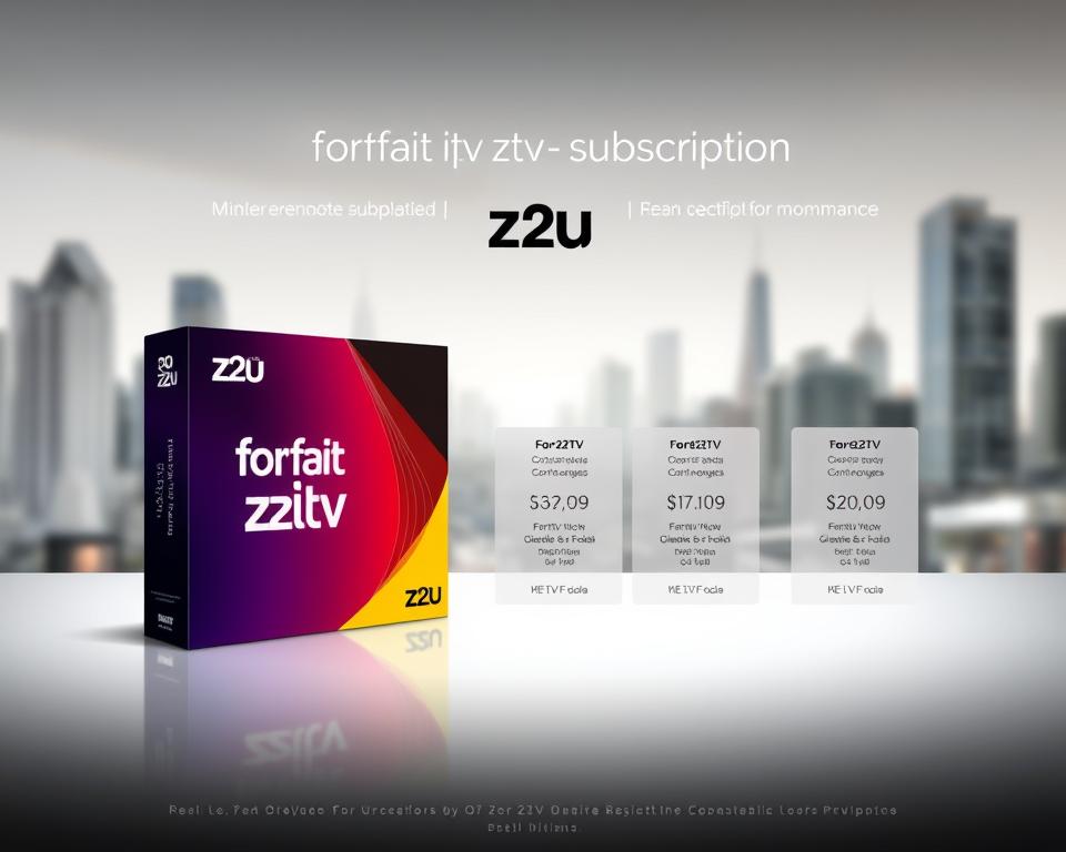 An elegantly designed graphical user interface depicting the various z2u iptv subscription options. A sleek and minimalist layout showcases the different tiers, with clear descriptions of their features and pricing. The foreground highlights the "forfait iptv z2u" package, rendered in a captivating 3D illustration that conveys its premium quality and versatility. The middle ground showcases the other subscription plans, each with its own distinct visual identity. The background features a subtle, blurred cityscape, hinting at the global reach and accessibility of the z2u iptv service. The overall mood is one of sophistication, clarity, and the promise of a seamless viewing experience. An elegantly designed graphical user interface depicting the various z2u iptv subscription options. A sleek and minimalist layout showcases the different tiers, with clear descriptions of their features and pricing. The foreground highlights the "forfait iptv z2u" package, rendered in a captivating 3D illustration that conveys its premium quality and versatility. The middle ground showcases the other subscription plans, each with its own distinct visual identity. The background features a subtle, blurred cityscape, hinting at the global reach and accessibility of the z2u iptv service. The overall mood is one of sophistication, clarity, and the promise of a seamless viewing experience.