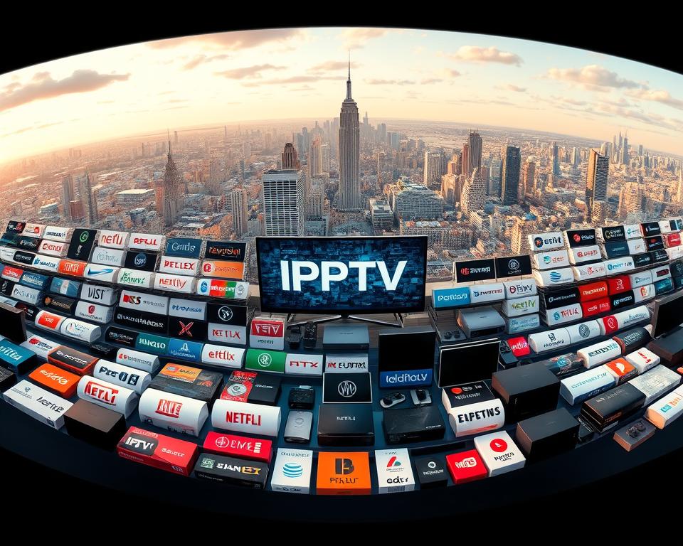 An immersive panoramic view of the IPTV landscape in France in 2023. In the foreground, a diverse array of IPTV service providers are prominently displayed, each with their unique logos and branding. The middle ground showcases various IPTV packages, devices, and technologies, conveying the breadth of options available to French consumers. In the background, a cityscape of modern high-rises and infrastructure symbolizes the technological advancements driving the IPTV revolution. The scene is illuminated by warm, natural lighting, creating a sense of vibrancy and optimism. The overall composition reflects the dynamic and evolving nature of the IPTV market in France, ready to be explored by discerning viewers.