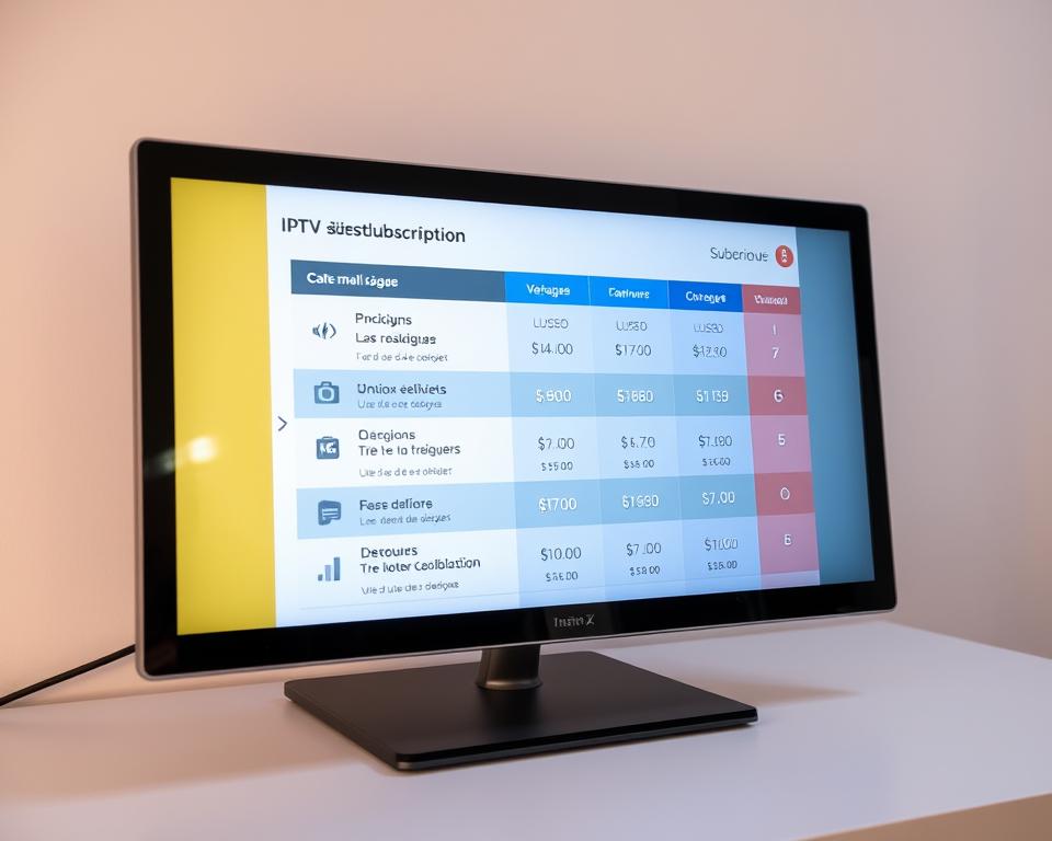 Prompt A sleek, modern digital device displaying various IPTV subscription options in French, set against a clean, minimalist background. The screen showcases a range of package tiers with detailed pricing information, allowing the viewer to clearly understand the different IPTV offerings available in France. The scene is illuminated by soft, diffused lighting, creating a professional, informative atmosphere that aligns with the article's subject and section title.